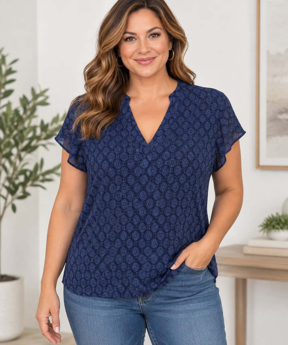 Liz Claiborne Flutter Sleeve Crepe Shell Size XXL Blue Medallion